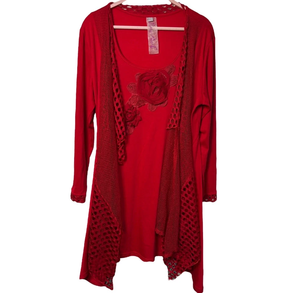 Pretty Angel Red Top sz L Silk Blend Artsy Boho Whimsigoth Rose Applique Crochet - Image 2 of 4