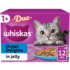48 x 85g Whiskas 1+ Duo Ocean Delights Mixed Adult Wet Cat Food Pouches in Jelly 5.28 per kilo