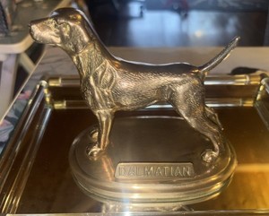 Vintage Brass Dalmatian Dog Figurine / Paperweight w Stand & Nameplate 3.5x5x6in