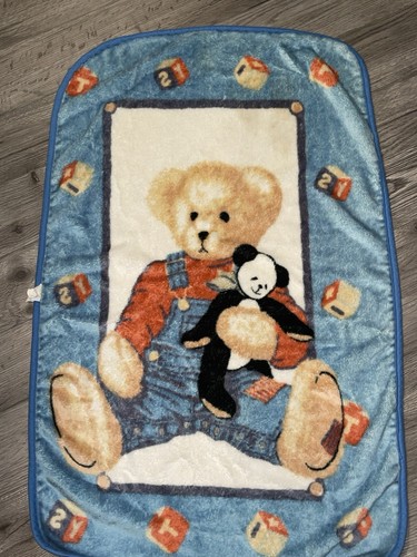 Vintage Blue Jean Teddy Bear Plush Fleece Baby Blanket Baby Blocks- Springmaid - Picture 5 of 7