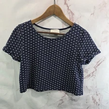 Everly Shirt Womens Small Navy Blue White Crop Swiss Polka Dot Short Sleeve Boxy