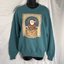 Vintage 90s Jerzees Christmas Santa Sweatshirt Green Medium Made In USA