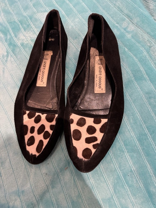 Andre Assous Leopard Suede Leather Fur Pony Hair Loafers Flats BLACK Size 9.5