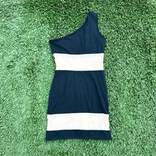 SHEIN Women’s Black Beige Striped One Shoulder Bodycon Mini Dress 6 Medium M EUC