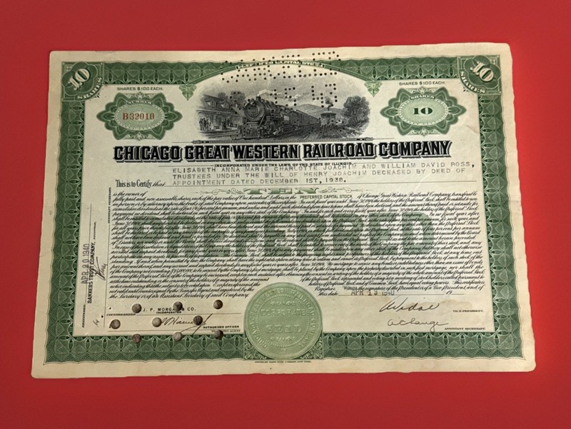 1940 Chicago Great Western RR Stock Certificate Depression Era Illinois