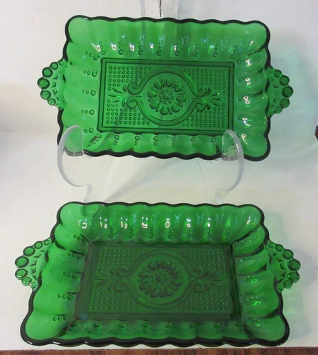 2 Vtg Anchor Hocking Rectangular Emerald Green Pressed Glass Relish 8.5" x 4.75"