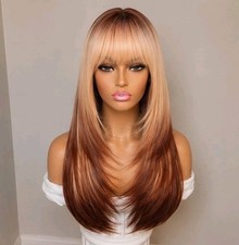 Wig - Human Hair Blend - Long Straight Layered Dirt Blonde Bangs Heat Resistant