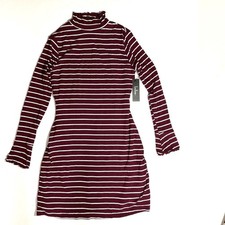 New Lulus Mock Neck Stripe Mini Dress Maroon long Sleeve Medium