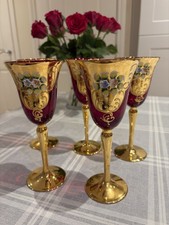 Set of 5 Tre Fuochi Venetian Murano Ruby Red Goblets 24 K Gold & Enamel Flowers