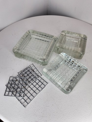 Vintage MCM Blenko Clear Glass Waffle Bottom Steel Grid Ashtray Set Of 3 - Picture 7 of 7