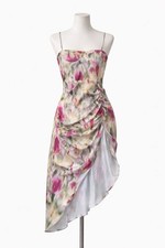 NWT CIDER Women’s Asymmetrical Satin Midi Dress L Purple Green Floral Ruched