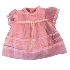 VTG 50s Baby Girl Party Dress Pink Nylon Embroidered Infant Doll Sz 6 9mo
