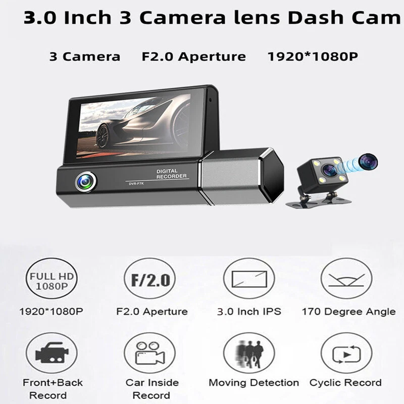 Cámara grabadora de video HD frontal/trasera/interior HD para tablero de 3 lentes para automóvil grabación en bucle Foto 4 de 4