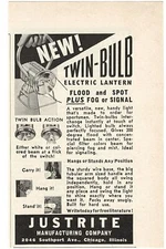 JUSTRITE FLASHLIGHT WWII ERA 1943 PRINT AD TWIN BULB ELECTRIC LANTERN FLOOD SPOT