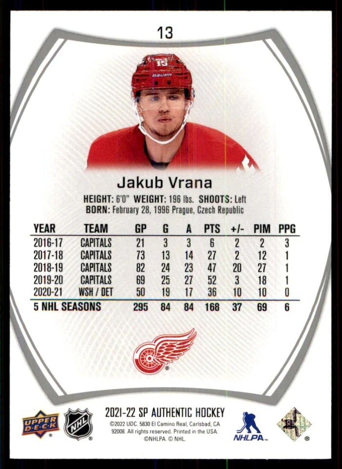 2021-22 SP Authentic Jakub Vrana Detroit Red Wings #13 - Image 2 of 2
