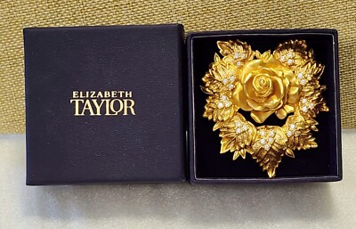 Elizabeth Taylor Signed Vintage Avon Gold Tone Rose Crystal Accents IOB  B718