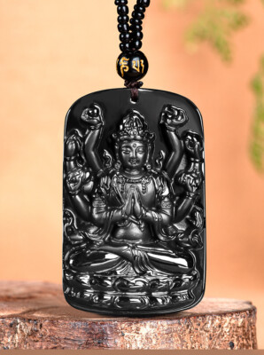 Black Myanmar Jade Bodhisattva Pendant Necklace Fashion Natural Burmese Jadeite