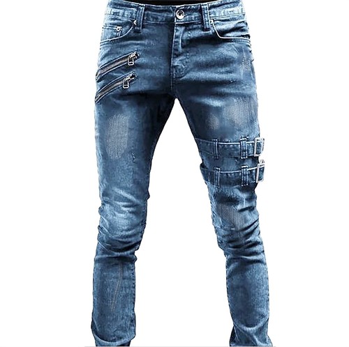 Men's Trousers Casual Straight Mid-rise Slim Fit Ripped Jeans - Picture 23 of 30