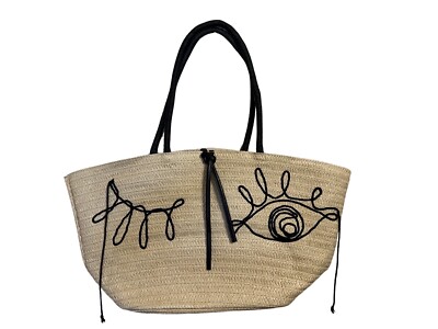 H&M Beige Rattan Straw Tote Bag With Faux Leather Shoulder Straps