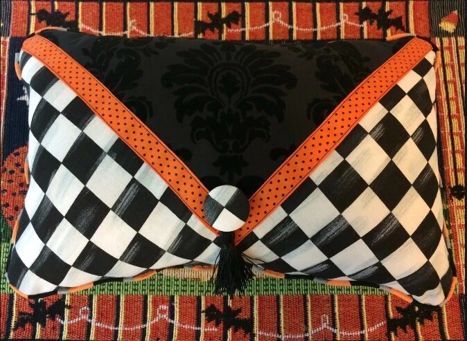 Black Damask Orange Envelope Pillow Mackenzie Childs Napkin - Image 4 of 4