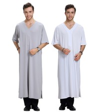 Men Thobe Jubba Thoub Abaya Muslim Men Short Sleeve Robe Kaftan Dishdasha Arab