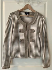 FDJ French Dressing Jeans Cardigan Sweater White Beige Striped Cotton Size L