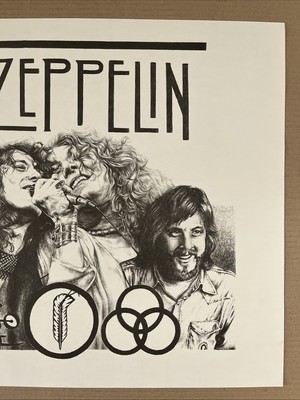 Vintage 1960s Led Zepplin Sketch Poster Black And White Music