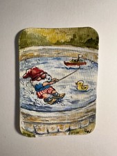ACEO Original Gnome Skiing Duck Boat Pond Mini Watercolor Painting 2.5x3.5 in.