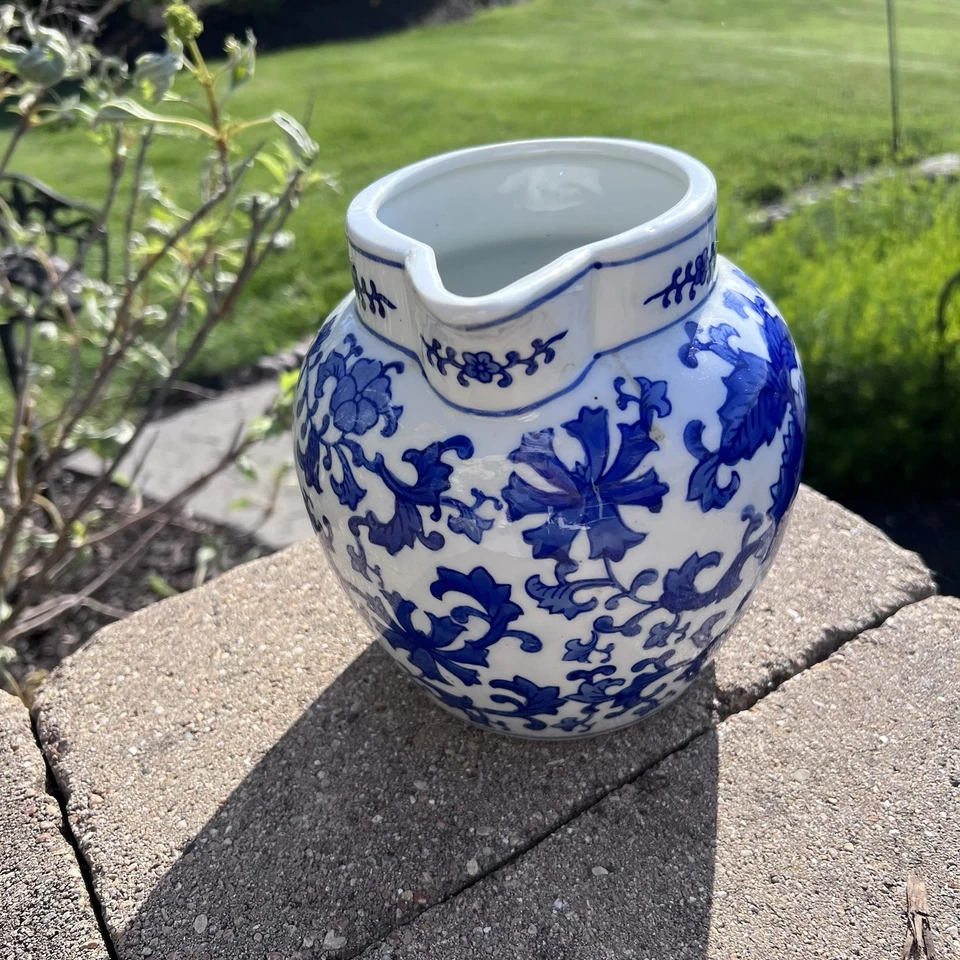 "Jarra jarra XL porcelana azul y blanca 60 oz esmalte floral pintado a mano 9,25""" Foto 3 de 4