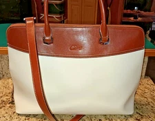 Cluci Laptop Bag Briefcase, Shoulder handbag. Brown Leather and Ecru