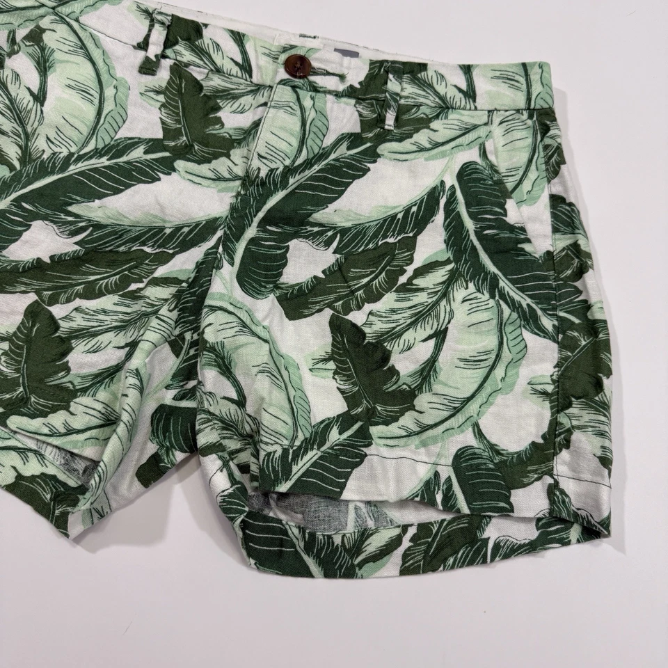 "Pantalones Cortos Diarios Antiguos Azul Marino Hoja Verde Frente Plano 5"" Talla 0 Mezcla de Lino Plantas" Foto 2 de 4