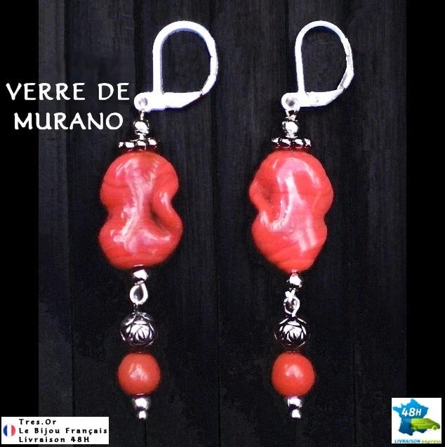 Boucles D'Oreilles Dormeuses Verre De Murano Rouge - Plaqué Or Jaune - Création Unique Atelier Lunaire