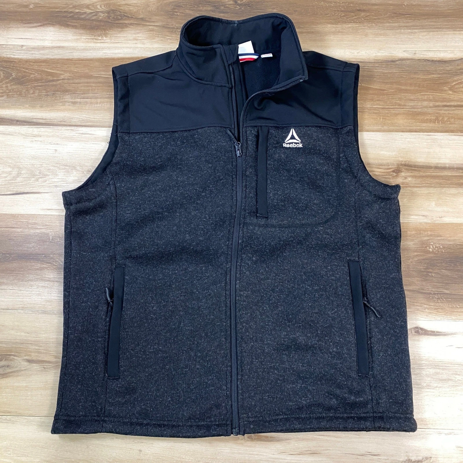 Reebok Vest Mens XL Full Zip Fleece Lined Pockets Black Charcoal Gray Jacket