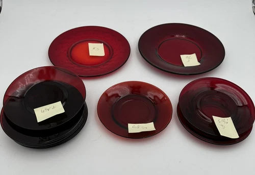 Vintage Assorted Ruby Red Glass Plates Anchor Hocking, Fenton /Viking, Lot of 10