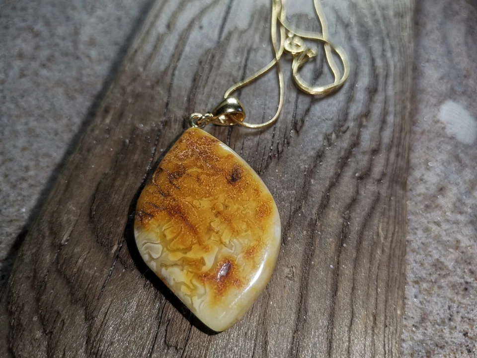 Ciondolo ambra bianca rombo quadrato argento naturale baltico placcato oro 925 - Immagine 3 di 4