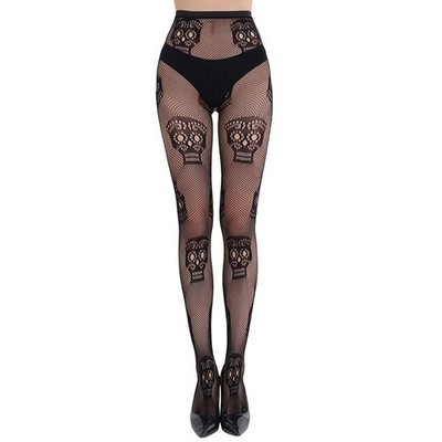 DRESHOW Halloween Fishnet Tights Patterned One Size, 1 Pair: Large Skull