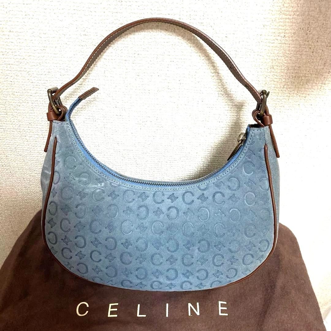 CELINE C Macadam Suede Blue Hobo Shoulder Bag Vintage Leather Trim
