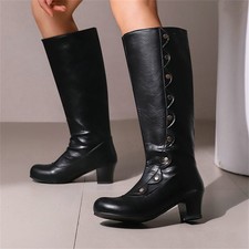 Women's Vintage Victorian Knee High Boots Round Toe Block Heel Pull On Shoes