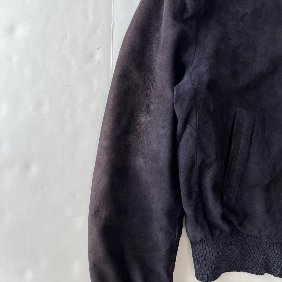 60s Vintage Suede Bomber Jacket Men’s Size 38 Navy Casual Full Zip - Image 2 of 4