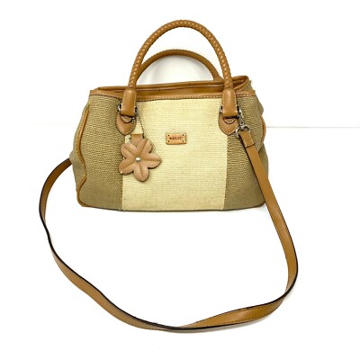 Relic Two Tone Tan Canvas - Tan Leather Satchel Handbag Flower Keychain Natural