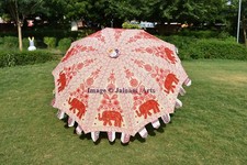 Indian Handmade Embroidered White  Red Elephant Umbrella Large Garden Umbrella
