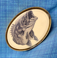 Bass Belt Buckle Fisherman Sportsman Faux Scrimshaw Brass Vtg 80s Barlow .QRT187