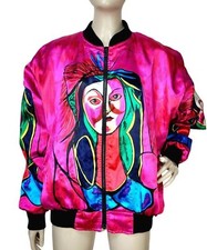 Vintage Colorful Picasso Abstract Jewel Tone Satin Zip-Up Bomber Jacket M/L/XL