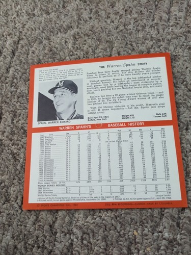 Warren Spahn 33 RPM Sports Record! Very Good Condition! 17301 - Picture 3 of 3