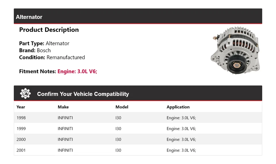 Генератор переменного тока (восстановленный) 1999 2000 для 1998-2001 INFINITI I30 3,0 л V6 Bosch - Изображение 2 из 4