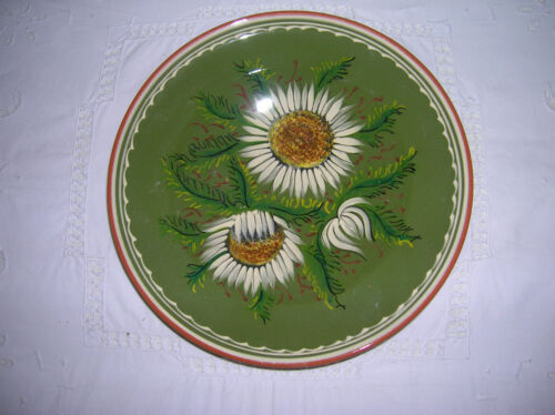 Wandteller grüner Teller Pfrontner Keramik Handarbeit Blumen  weiß Blütenblätter - Bild 1 von 2
