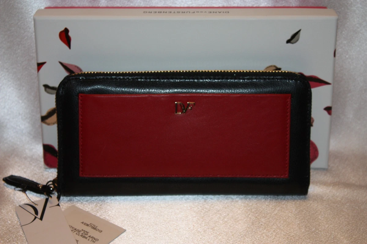 NEW! DIANE VON FURSTENBERG Red Black Leather VOYAGE Zip Clutch Wallet Boxed  $175 | eBay