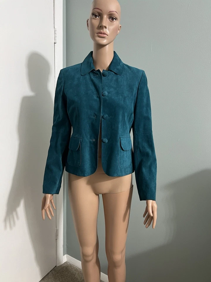 Abrigo Chaqueta Para Mujer Ann Taylor Petites Turquesa Gamuza Botón Delantero Talla SP Foto 2 de 4