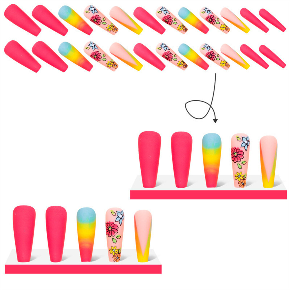 Rainbow Flowers Gradient Fake Nail Coffin Long Press on Nails for Nail