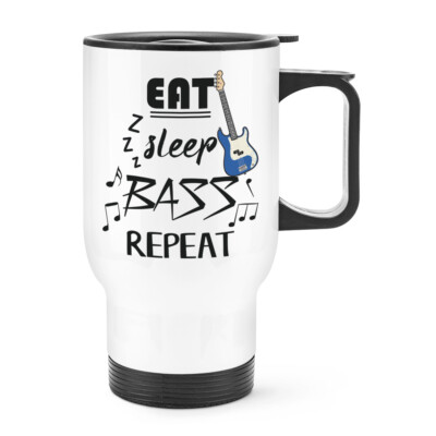 Essen Schlaf Bass Wiederholung Reisebecher Tasse mit Griff Musik Rock Witz Gitarrist lustig